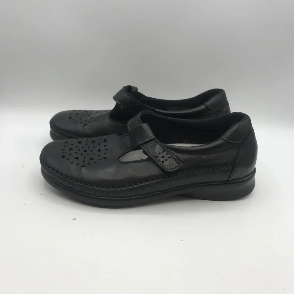 SAS Women's Willow Comfort Shoes Black Leather Moc Mary Janes 6.5 Narrow T-Strap
